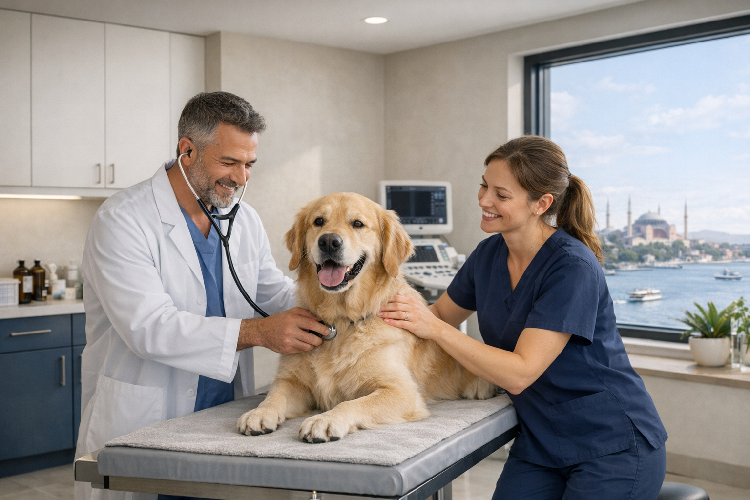 Modern klinikte golden retriever muayenesi yapan veteriner ekip